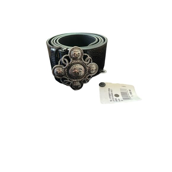 Chanel Black Crinkle Patent Leather CC Logo Belt, NWT, Size: 90 - Picture 1 of 5